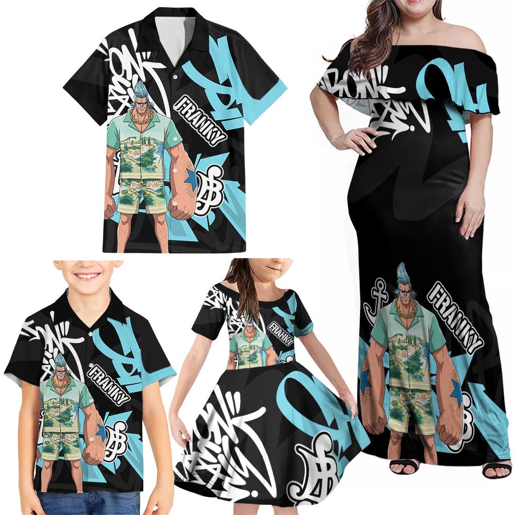 Franky One Piece Family Matching Off Shoulder Maxi Dress and Hawaiian Shirt Graffiti Street Art Anime Collage