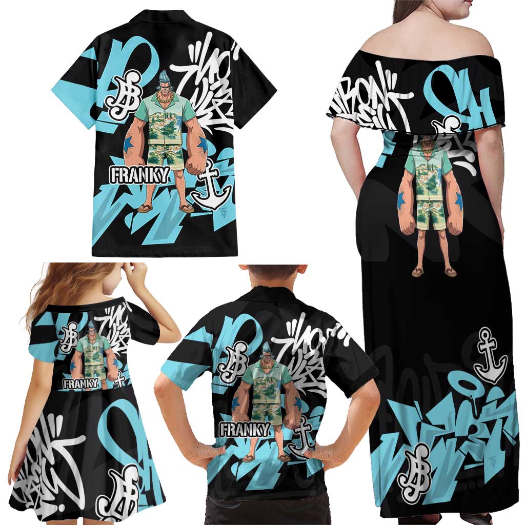 Franky One Piece Family Matching Off Shoulder Maxi Dress and Hawaiian Shirt Graffiti Street Art Anime Collage