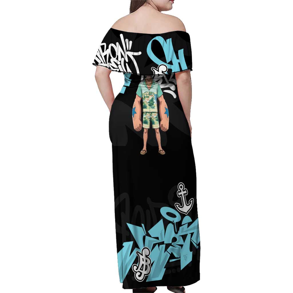 Franky One Piece Family Matching Off Shoulder Maxi Dress and Hawaiian Shirt Graffiti Street Art Anime Collage