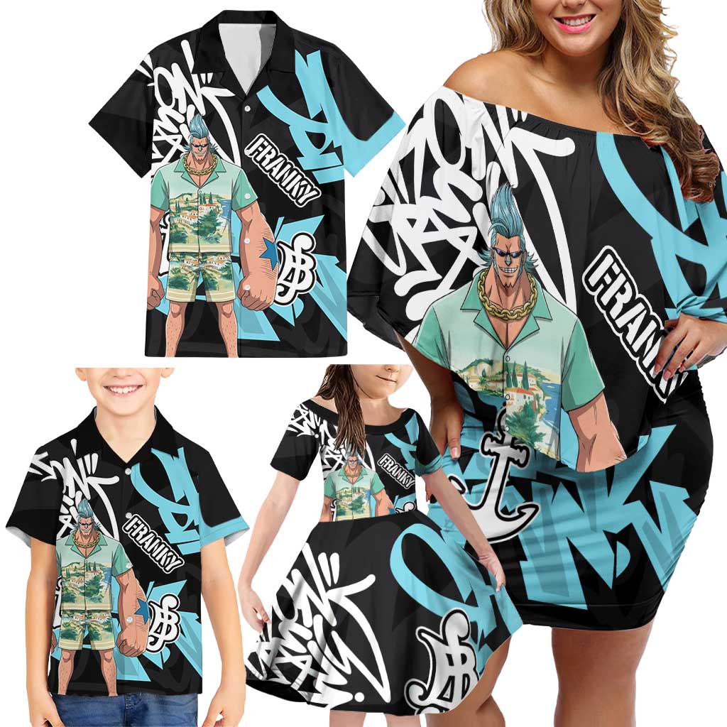Franky One Piece Family Matching Off Shoulder Short Dress and Hawaiian Shirt Graffiti Street Art Anime Collage