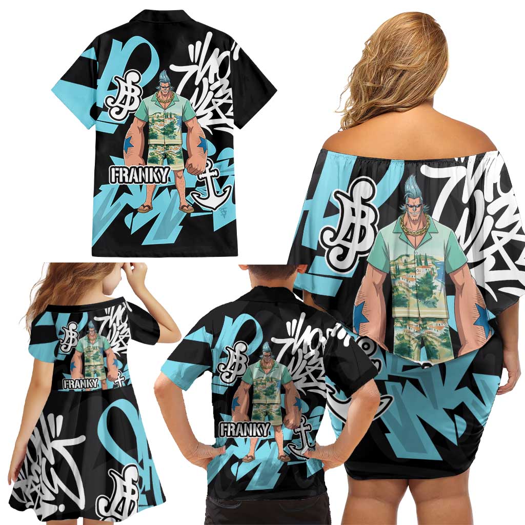 Franky One Piece Family Matching Off Shoulder Short Dress and Hawaiian Shirt Graffiti Street Art Anime Collage