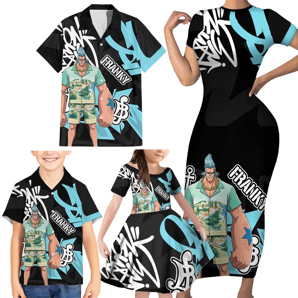 Franky One Piece Family Matching Short Sleeve Bodycon Dress and Hawaiian Shirt Graffiti Street Art Anime Collage