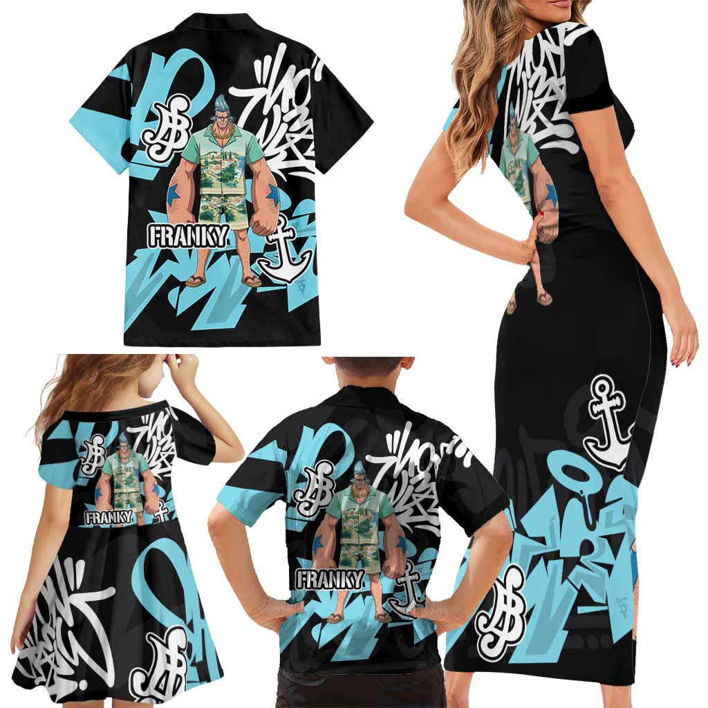 Franky One Piece Family Matching Short Sleeve Bodycon Dress and Hawaiian Shirt Graffiti Street Art Anime Collage