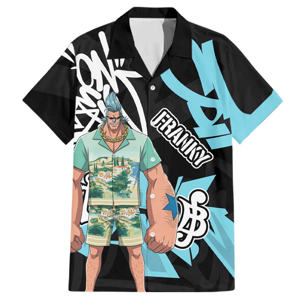 Franky One Piece Family Matching Short Sleeve Bodycon Dress and Hawaiian Shirt Graffiti Street Art Anime Collage