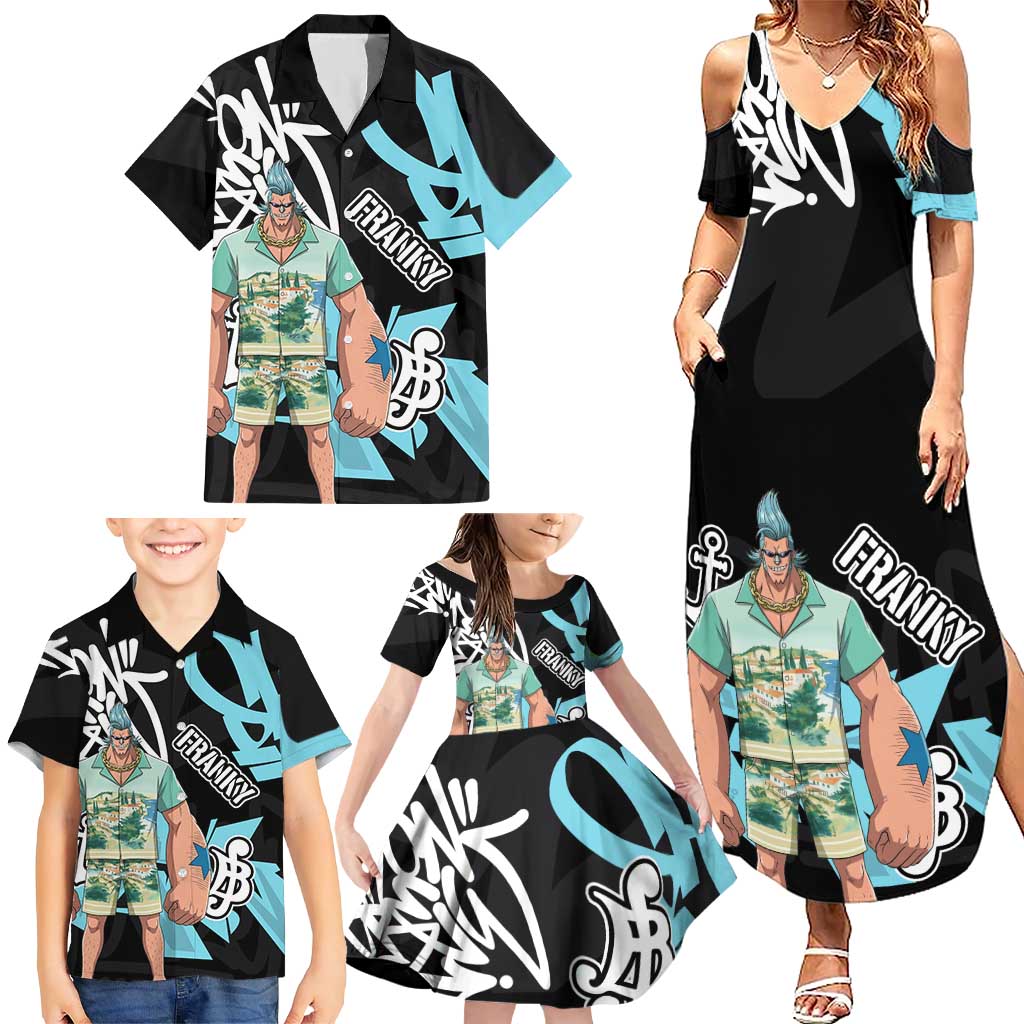 Franky One Piece Family Matching Summer Maxi Dress and Hawaiian Shirt Graffiti Street Art Anime Collage