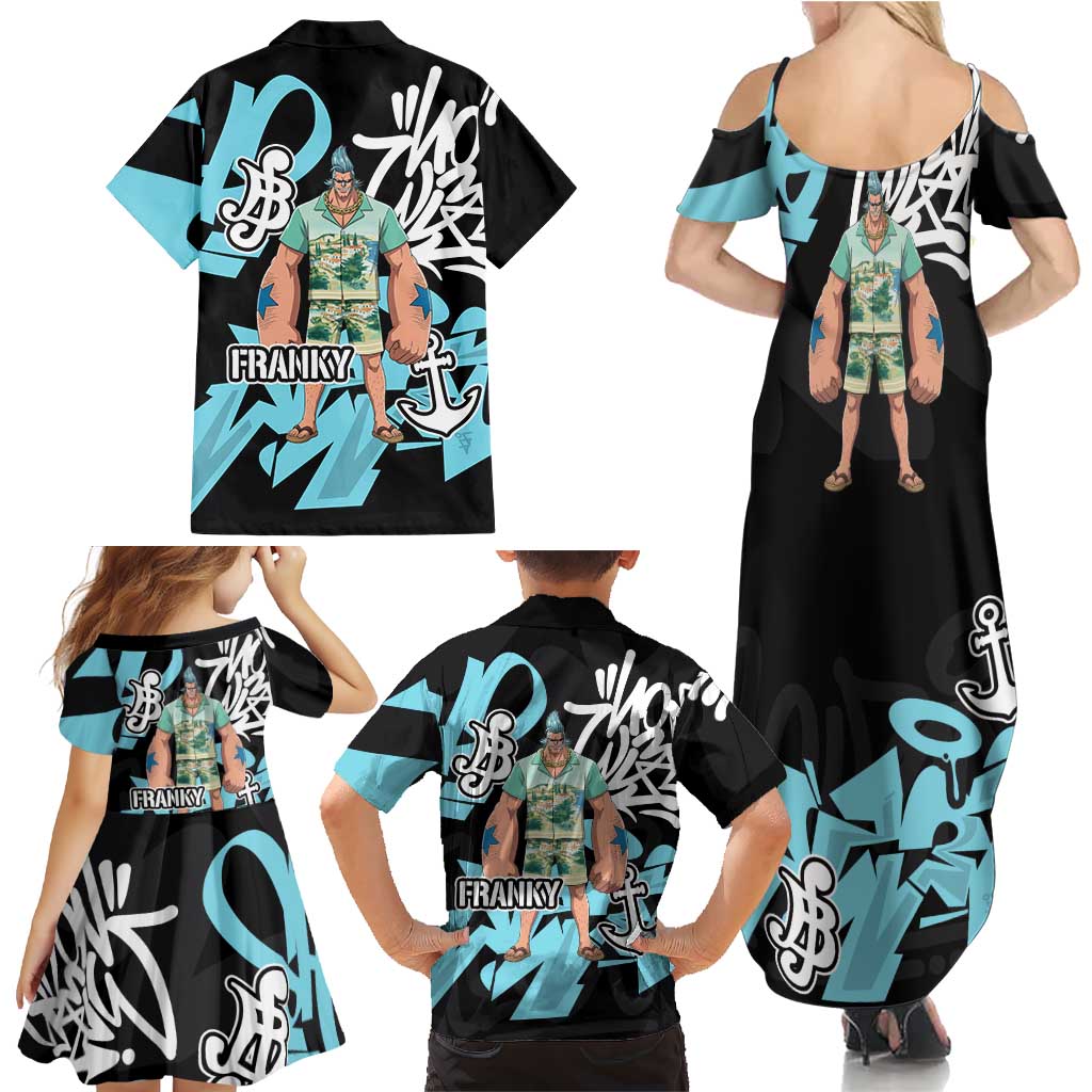 Franky One Piece Family Matching Summer Maxi Dress and Hawaiian Shirt Graffiti Street Art Anime Collage