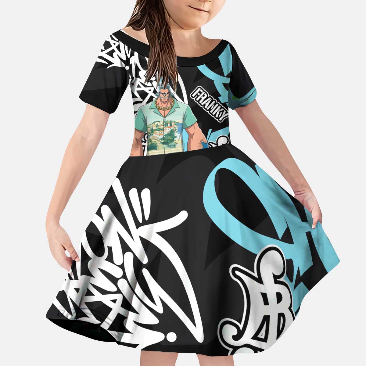 Franky One Piece Kid Short Sleeve Dress Graffiti Street Art Anime Collage