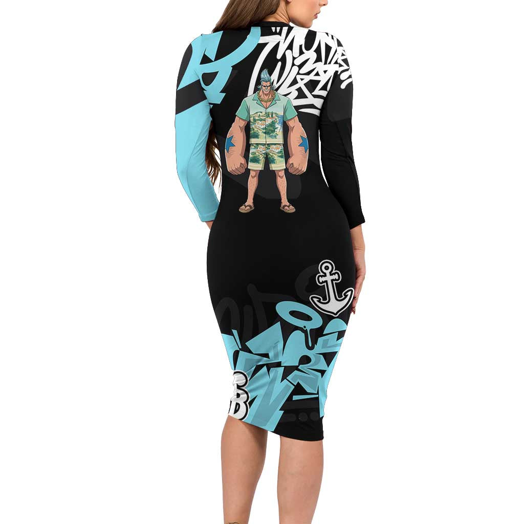 Franky One Piece Long Sleeve Bodycon Dress Graffiti Street Art Anime Collage