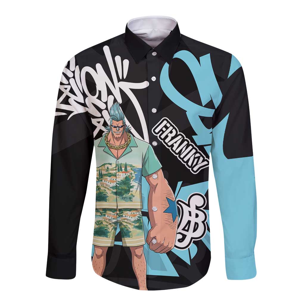 Franky One Piece Long Sleeve Button Shirt Graffiti Street Art Anime Collage