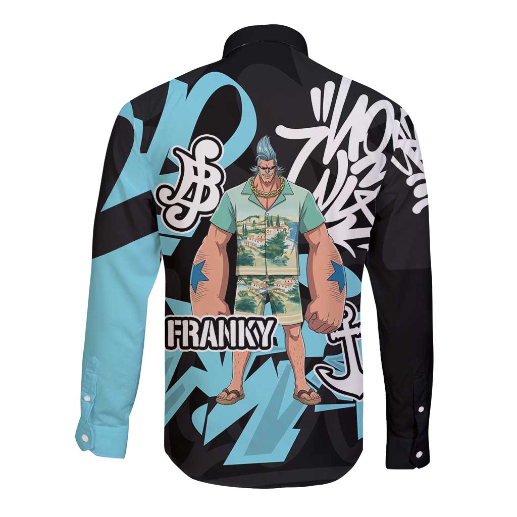 Franky One Piece Long Sleeve Button Shirt Graffiti Street Art Anime Collage