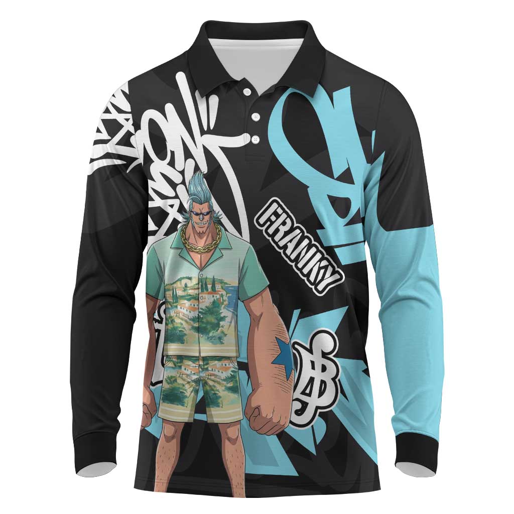 Franky One Piece Long Sleeve Polo Shirt Graffiti Street Art Anime Collage