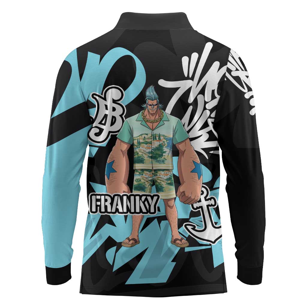 Franky One Piece Long Sleeve Polo Shirt Graffiti Street Art Anime Collage