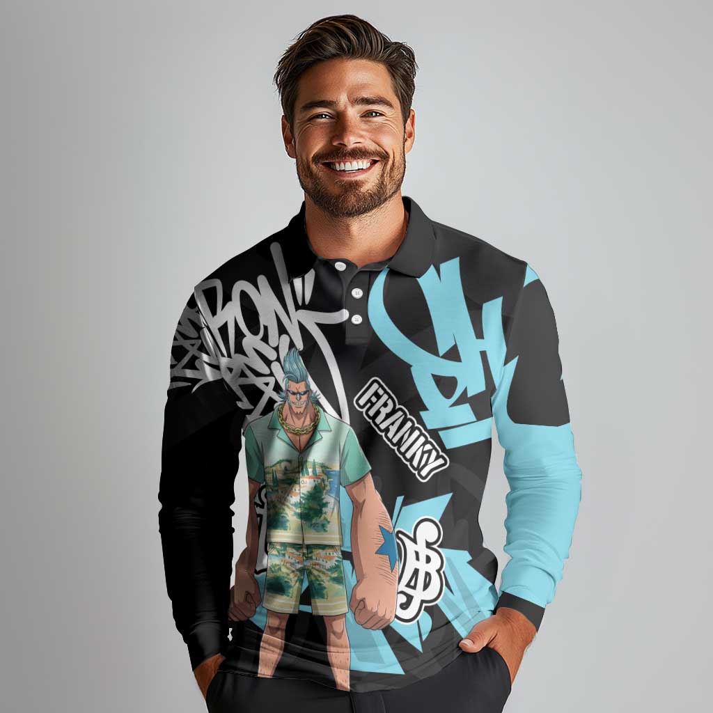 Franky One Piece Long Sleeve Polo Shirt Graffiti Street Art Anime Collage