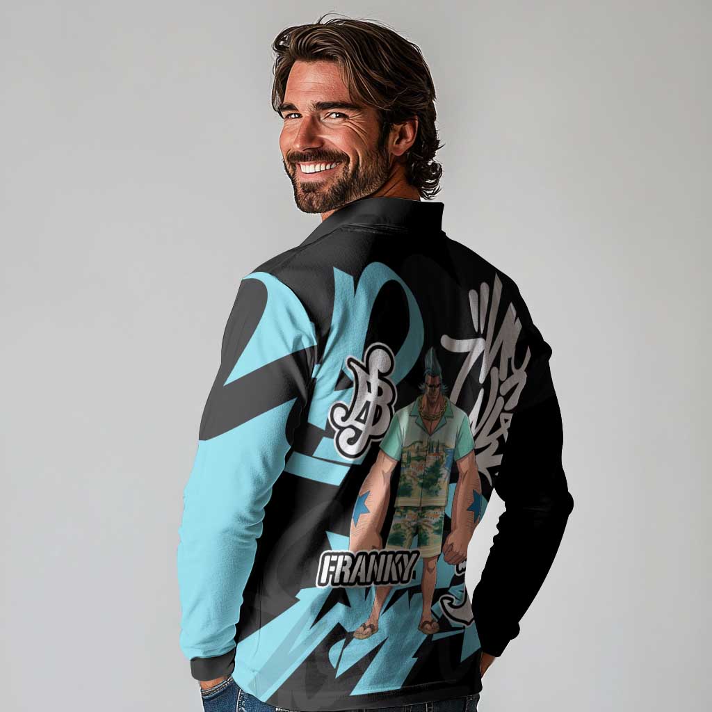 Franky One Piece Long Sleeve Polo Shirt Graffiti Street Art Anime Collage