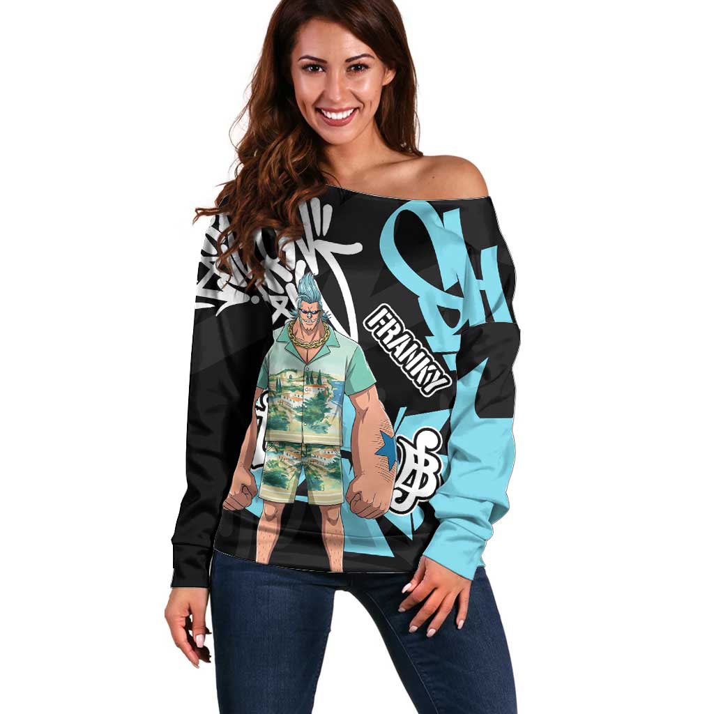 Franky One Piece Off Shoulder Sweater Graffiti Street Art Anime Collage