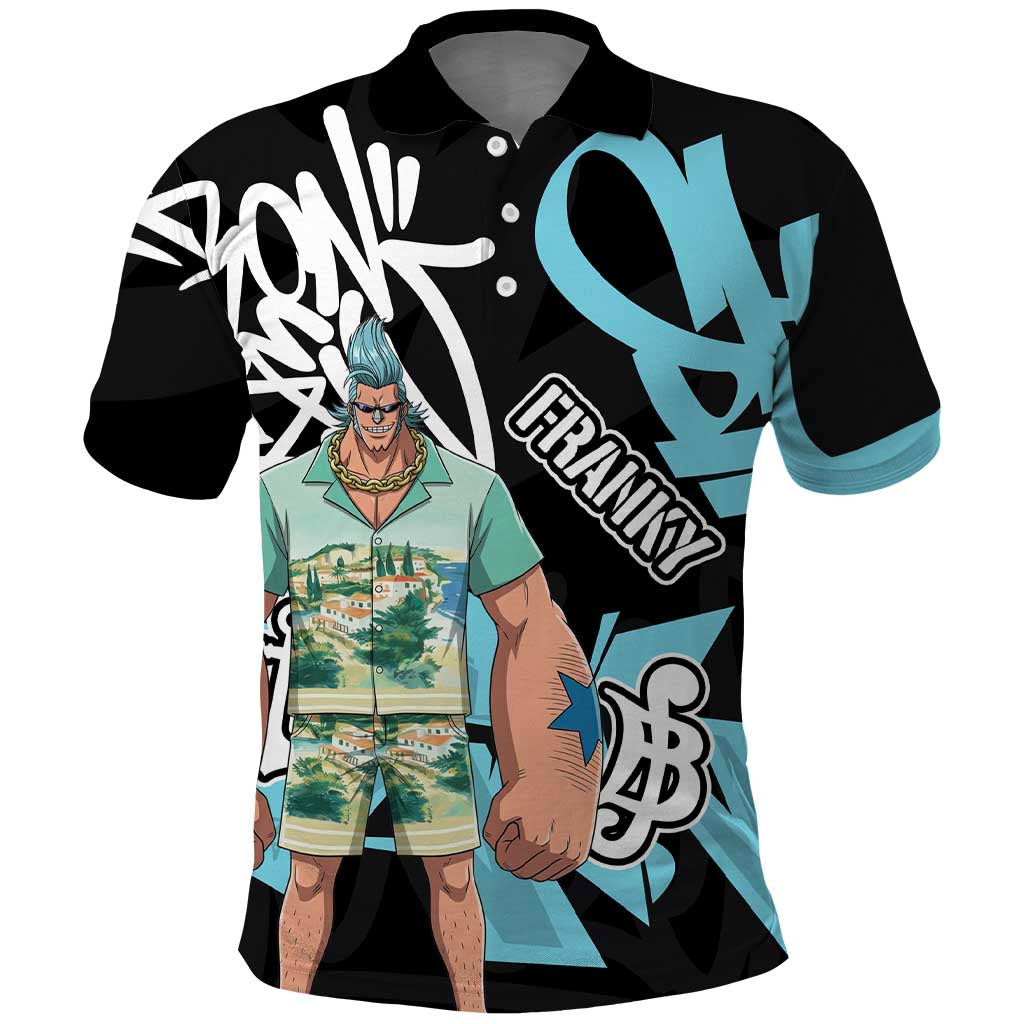 Franky One Piece Polo Shirt Graffiti Street Art Anime Collage