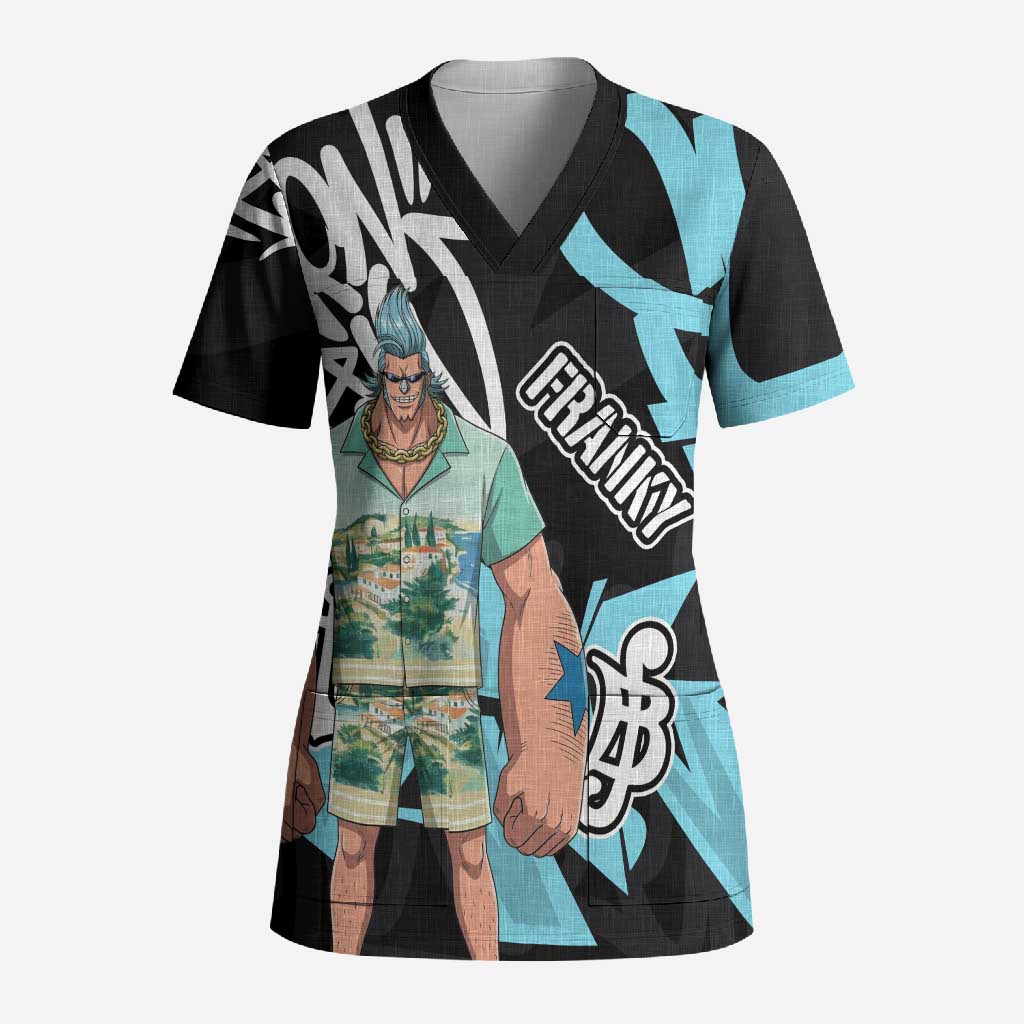 Franky One Piece Scrub Top Graffiti Street Art Anime Collage