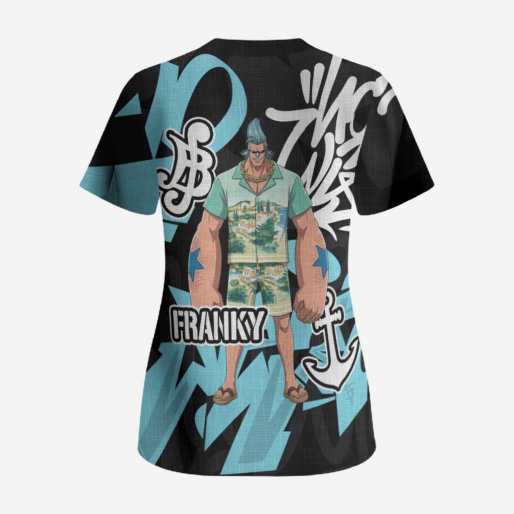 Franky One Piece Scrub Top Graffiti Street Art Anime Collage