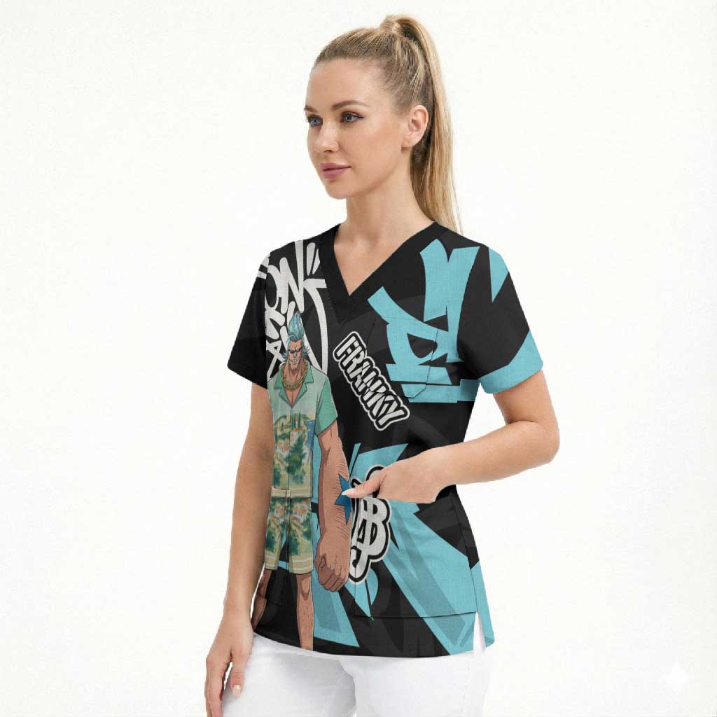 Franky One Piece Scrub Top Graffiti Street Art Anime Collage