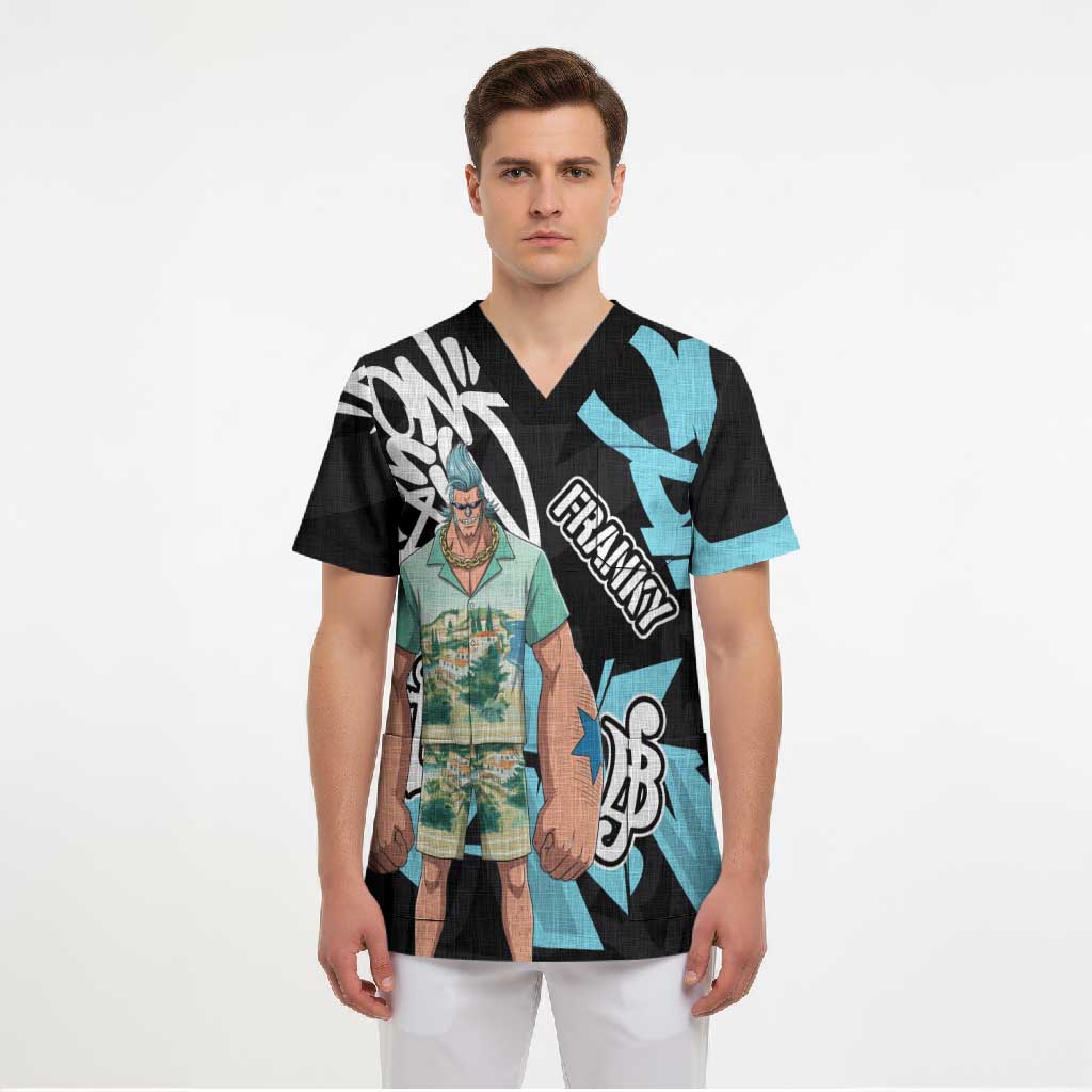 Franky One Piece Scrub Top Graffiti Street Art Anime Collage