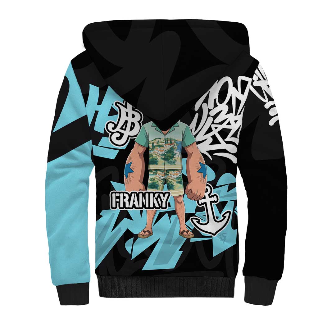 Franky One Piece Sherpa Hoodie Graffiti Street Art Anime Collage
