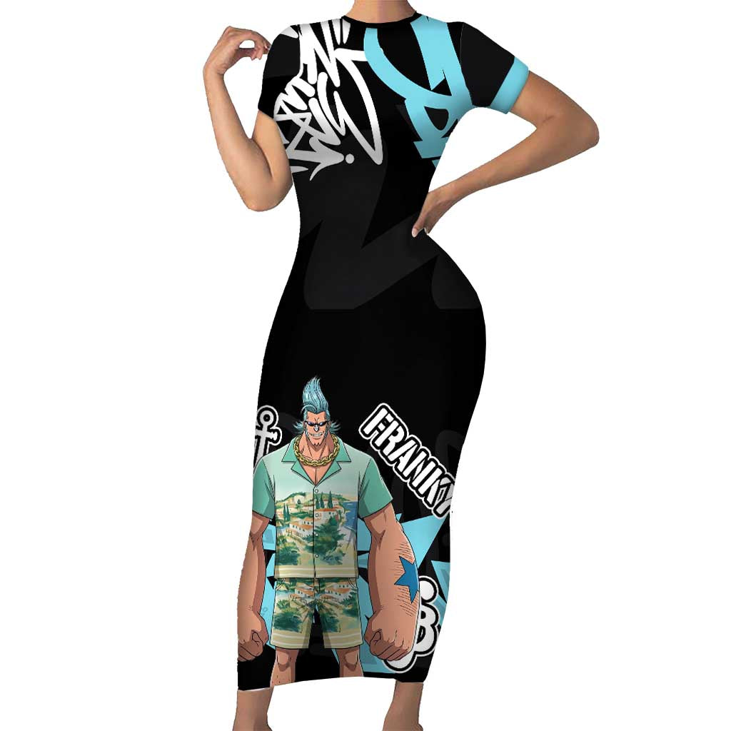 Franky One Piece Short Sleeve Bodycon Dress Graffiti Street Art Anime Collage