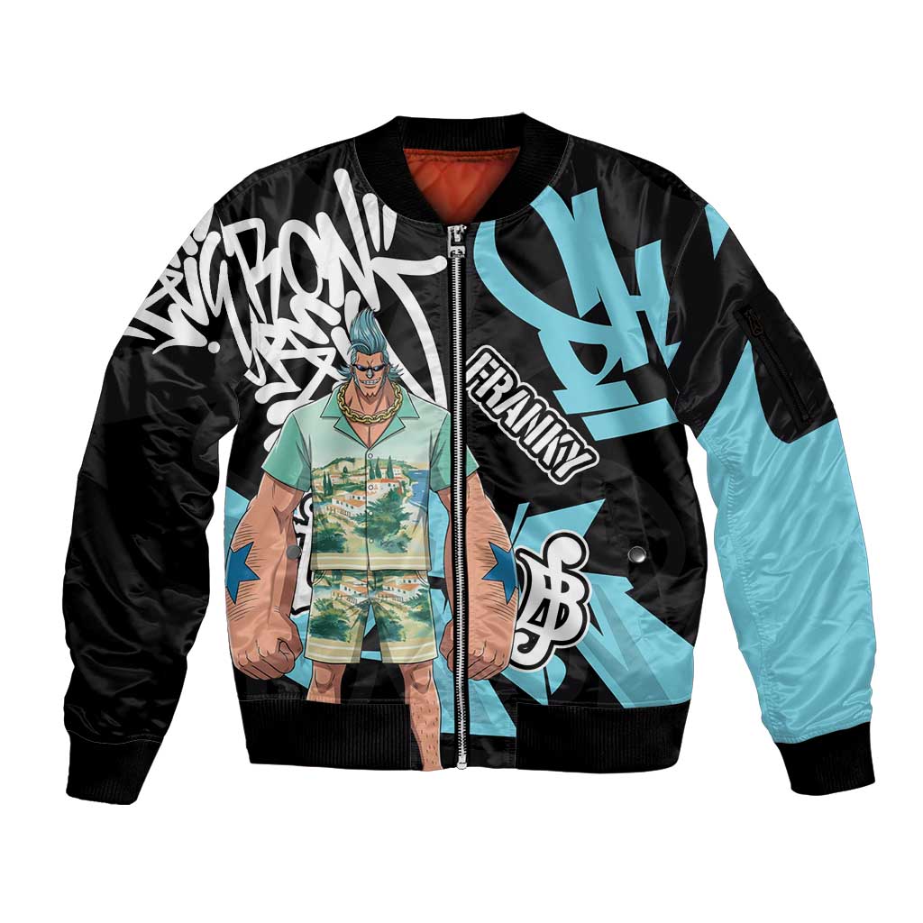 Franky One Piece Sleeve Zip Bomber Jacket Graffiti Street Art Anime Collage