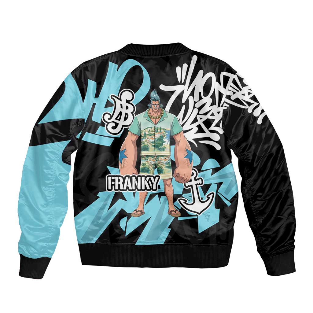 Franky One Piece Sleeve Zip Bomber Jacket Graffiti Street Art Anime Collage