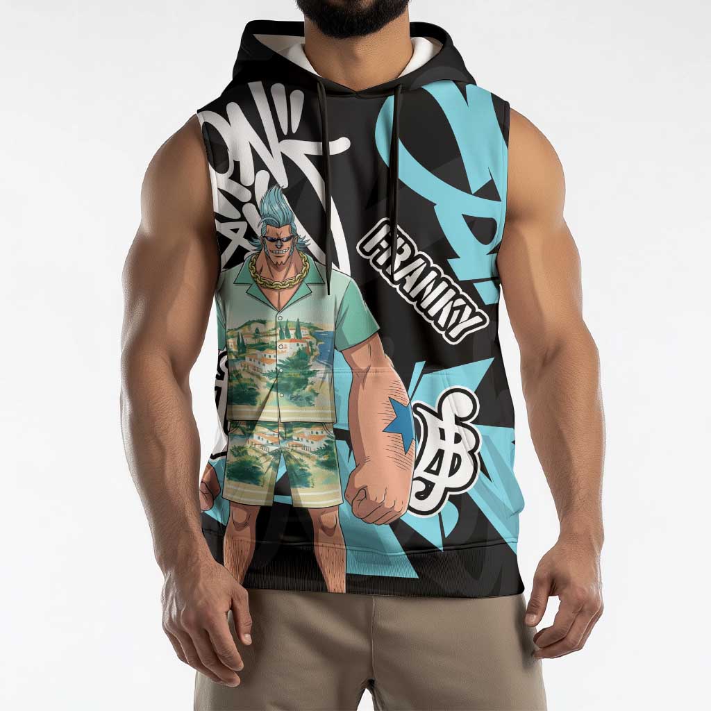 Franky One Piece Sleeveless Hoodie Graffiti Street Art Anime Collage