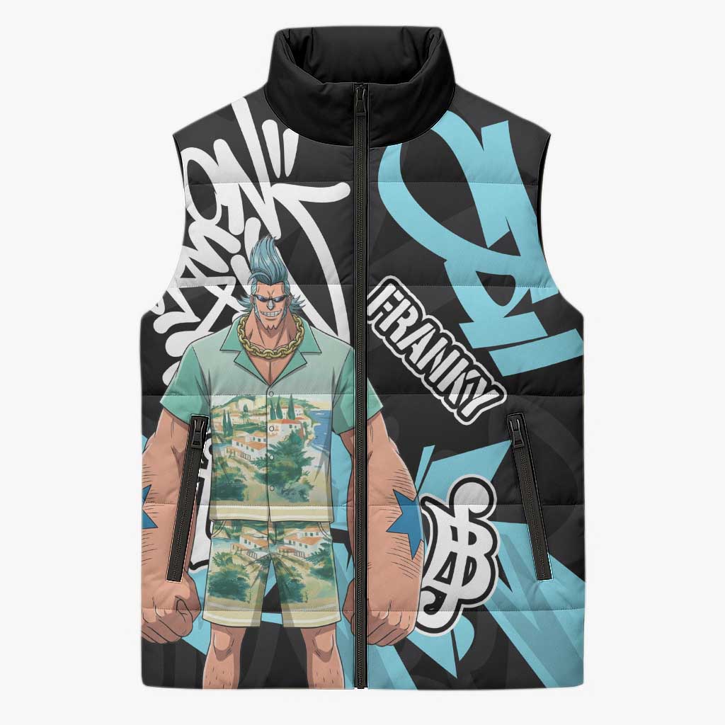 Franky One Piece Sleeveless Puffer Jacket Graffiti Street Art Anime Collage