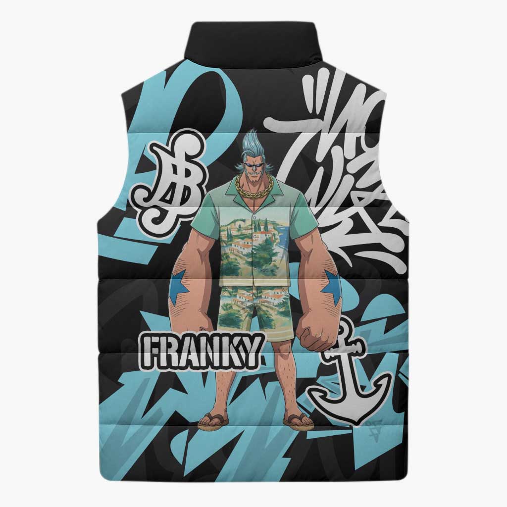 Franky One Piece Sleeveless Puffer Jacket Graffiti Street Art Anime Collage