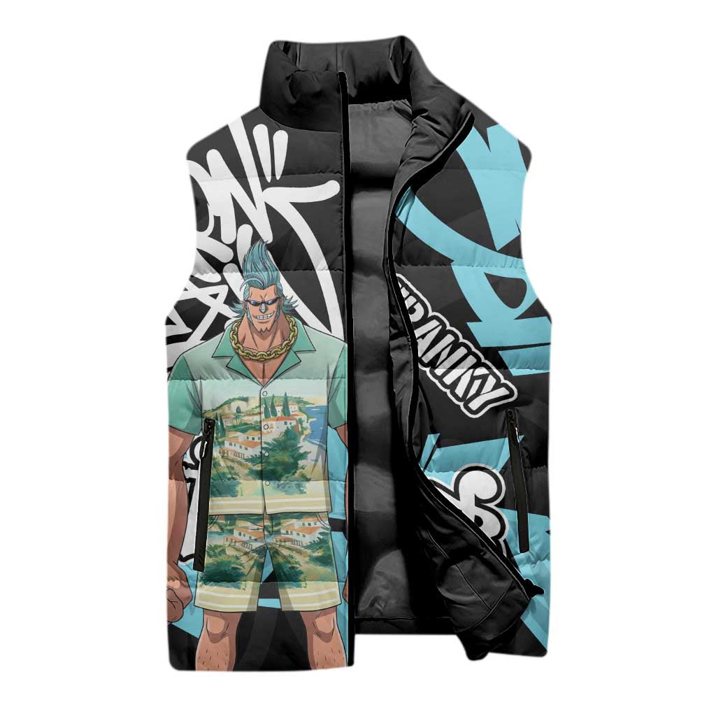Franky One Piece Sleeveless Puffer Jacket Graffiti Street Art Anime Collage