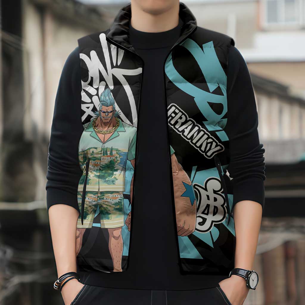Franky One Piece Sleeveless Puffer Jacket Graffiti Street Art Anime Collage