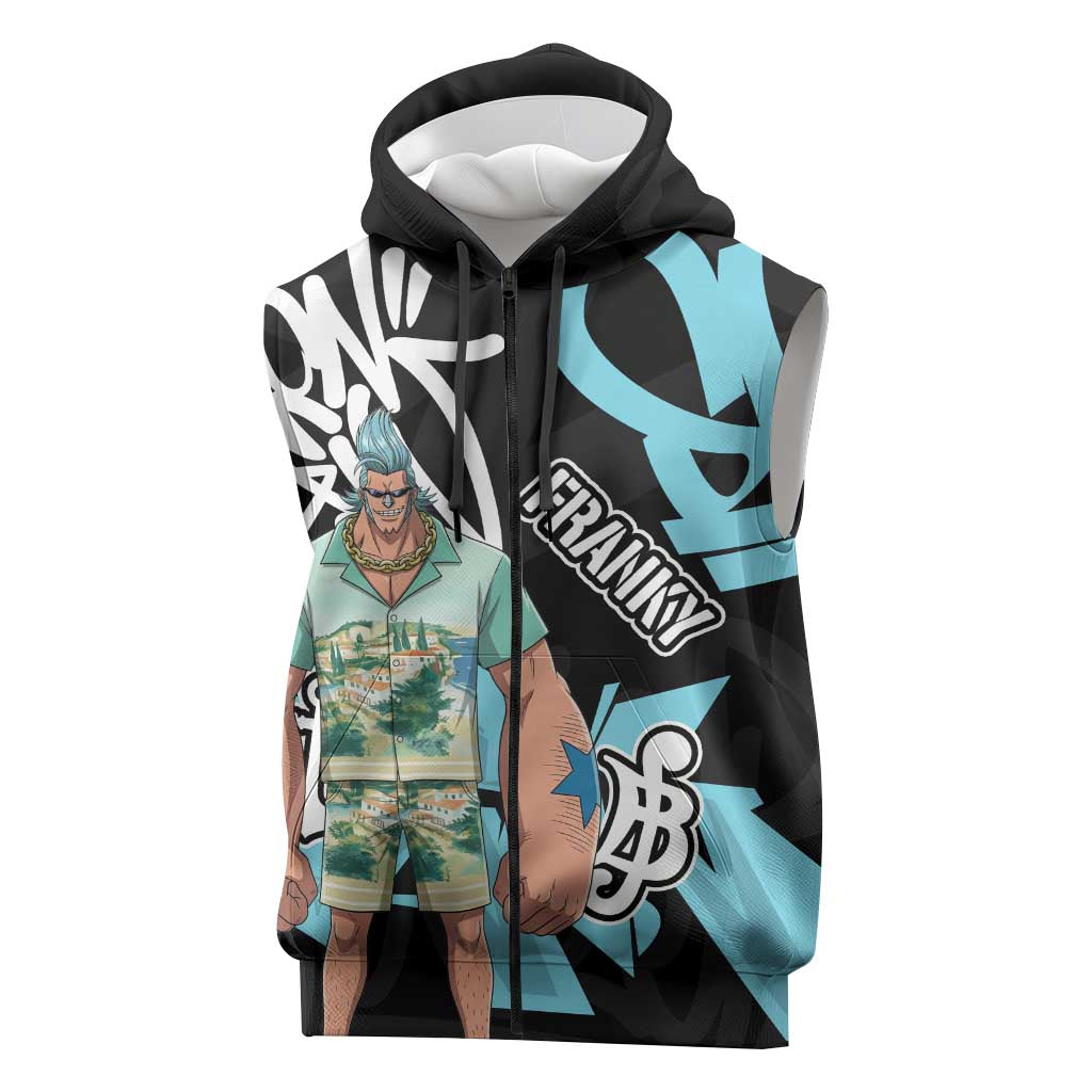 Franky One Piece Sleeveless Zip Hoodie Graffiti Street Art Anime Collage