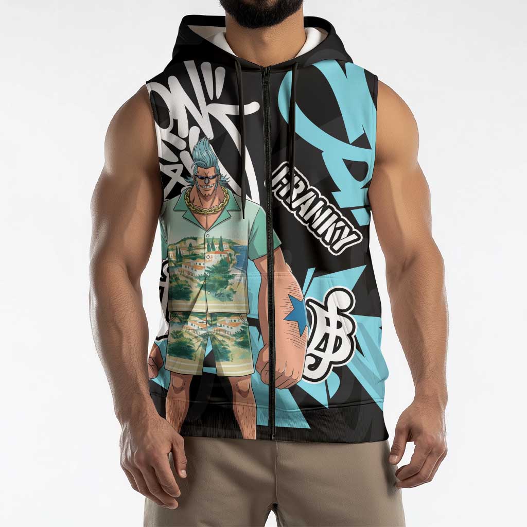 Franky One Piece Sleeveless Zip Hoodie Graffiti Street Art Anime Collage