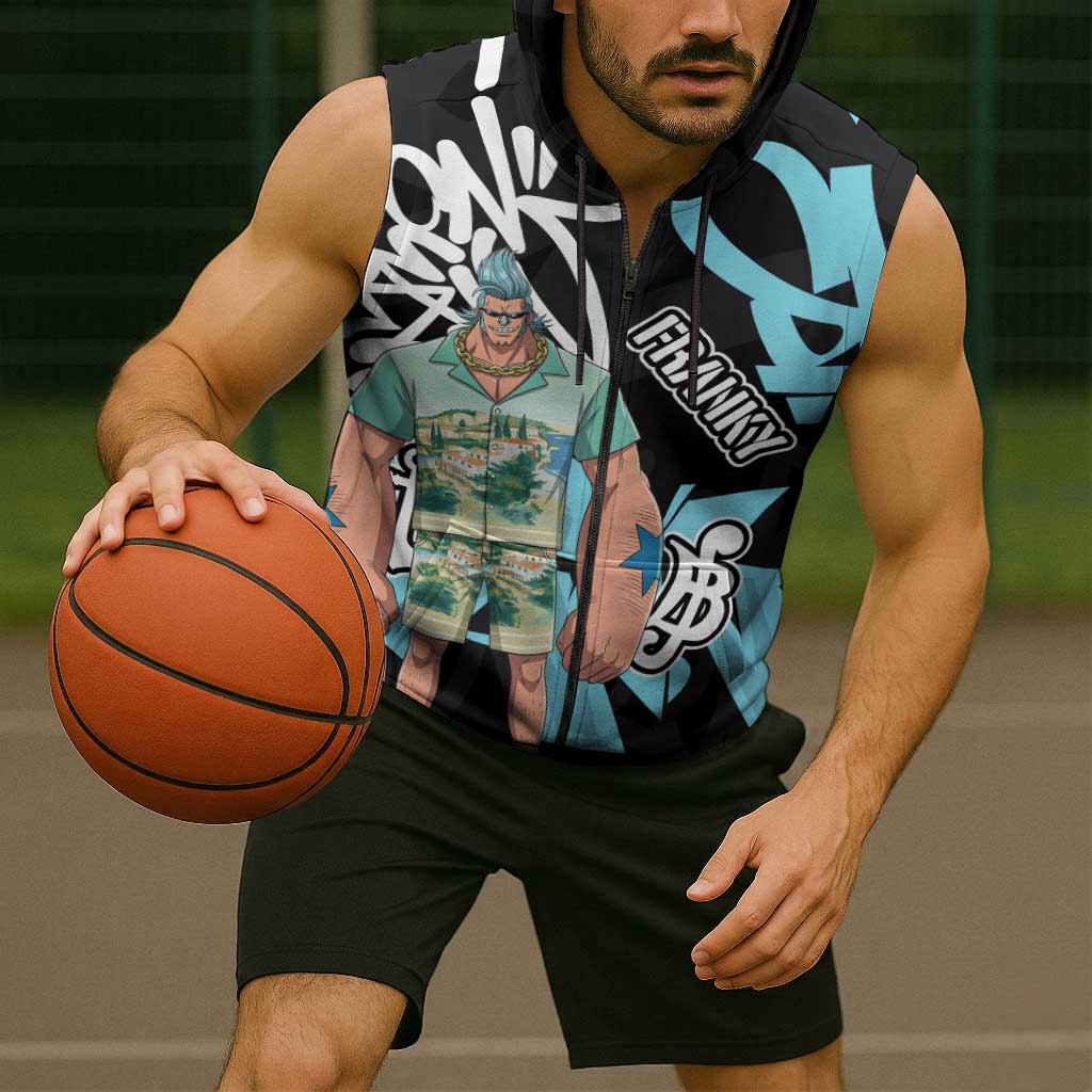 Franky One Piece Sleeveless Zip Hoodie Graffiti Street Art Anime Collage