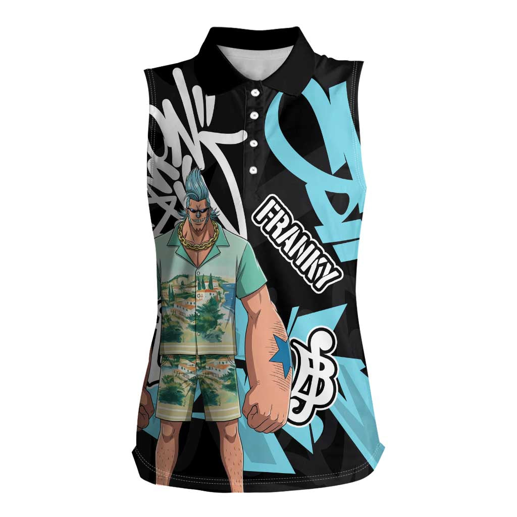 Franky One Piece Women Sleeveless Polo Shirt Graffiti Street Art Anime Collage