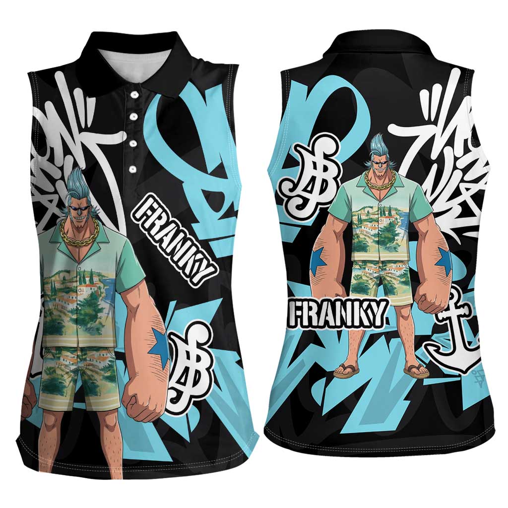 Franky One Piece Women Sleeveless Polo Shirt Graffiti Street Art Anime Collage