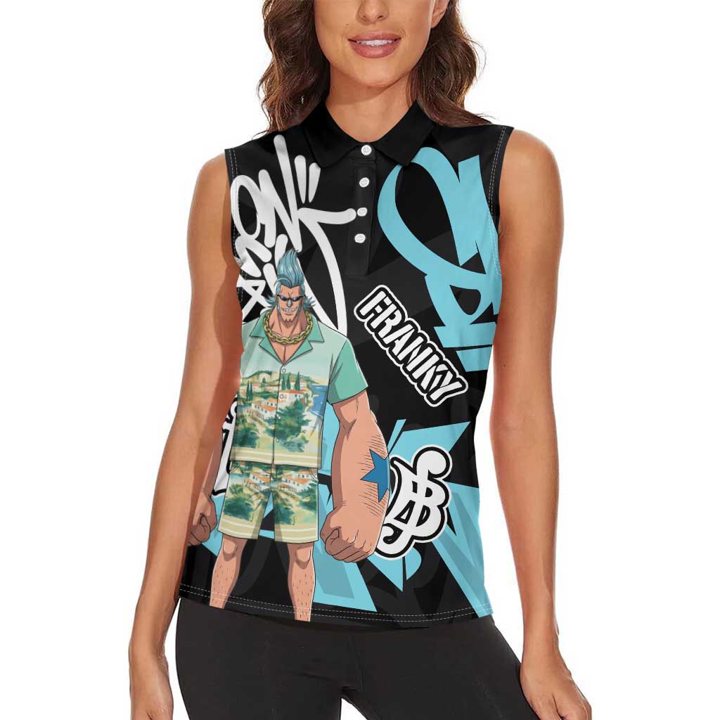 Franky One Piece Women Sleeveless Polo Shirt Graffiti Street Art Anime Collage