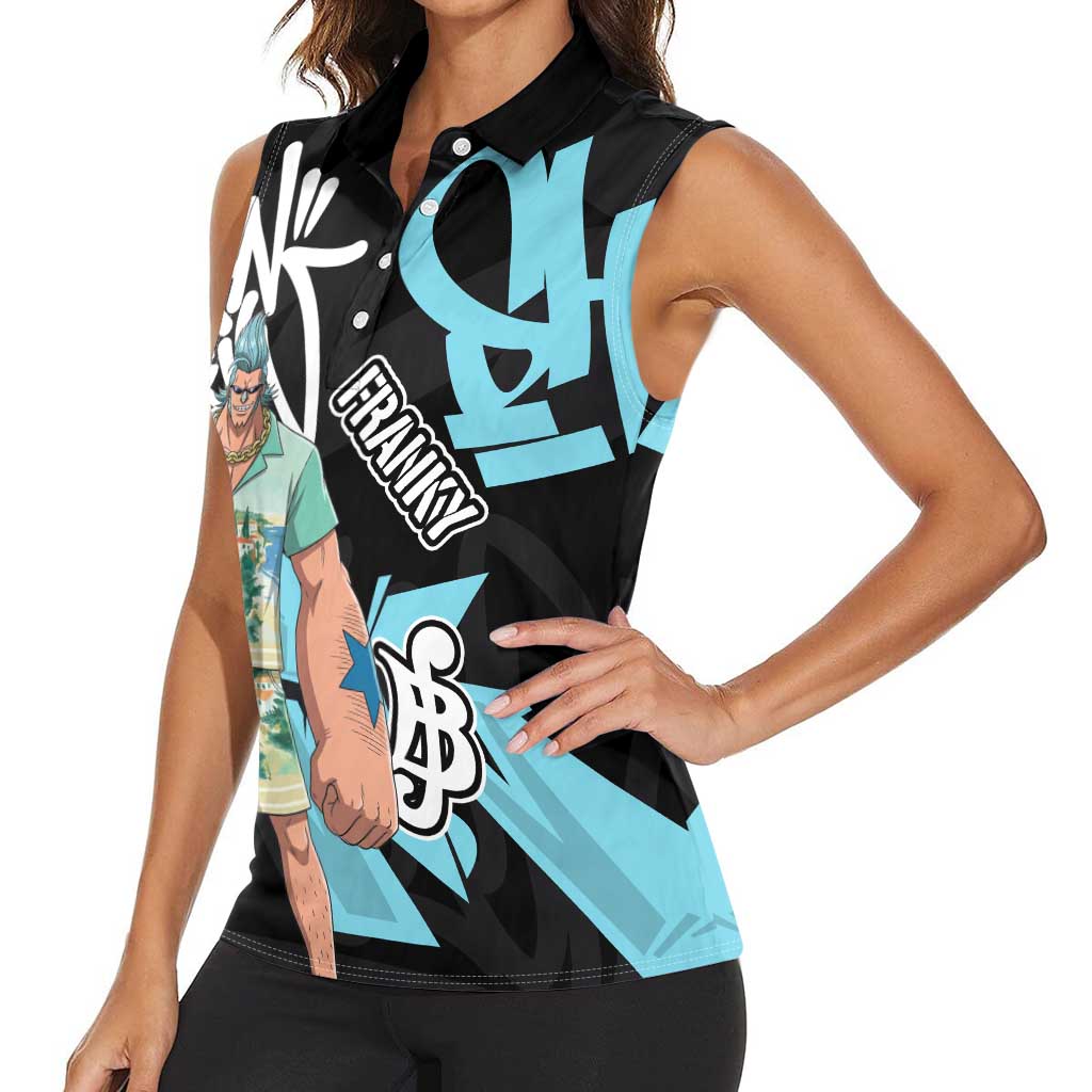 Franky One Piece Women Sleeveless Polo Shirt Graffiti Street Art Anime Collage