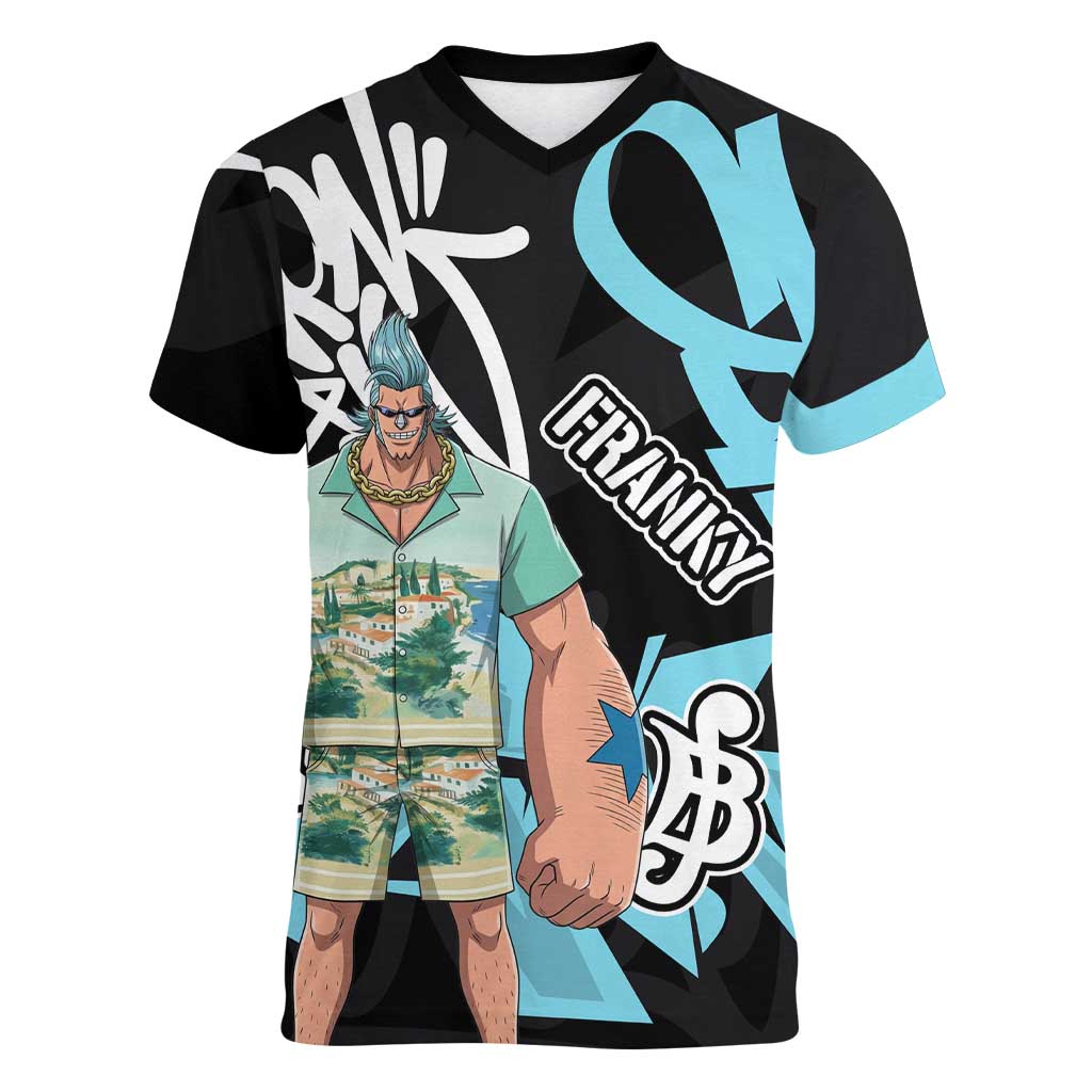 Franky One Piece Women V-Neck T-Shirt Graffiti Street Art Anime Collage