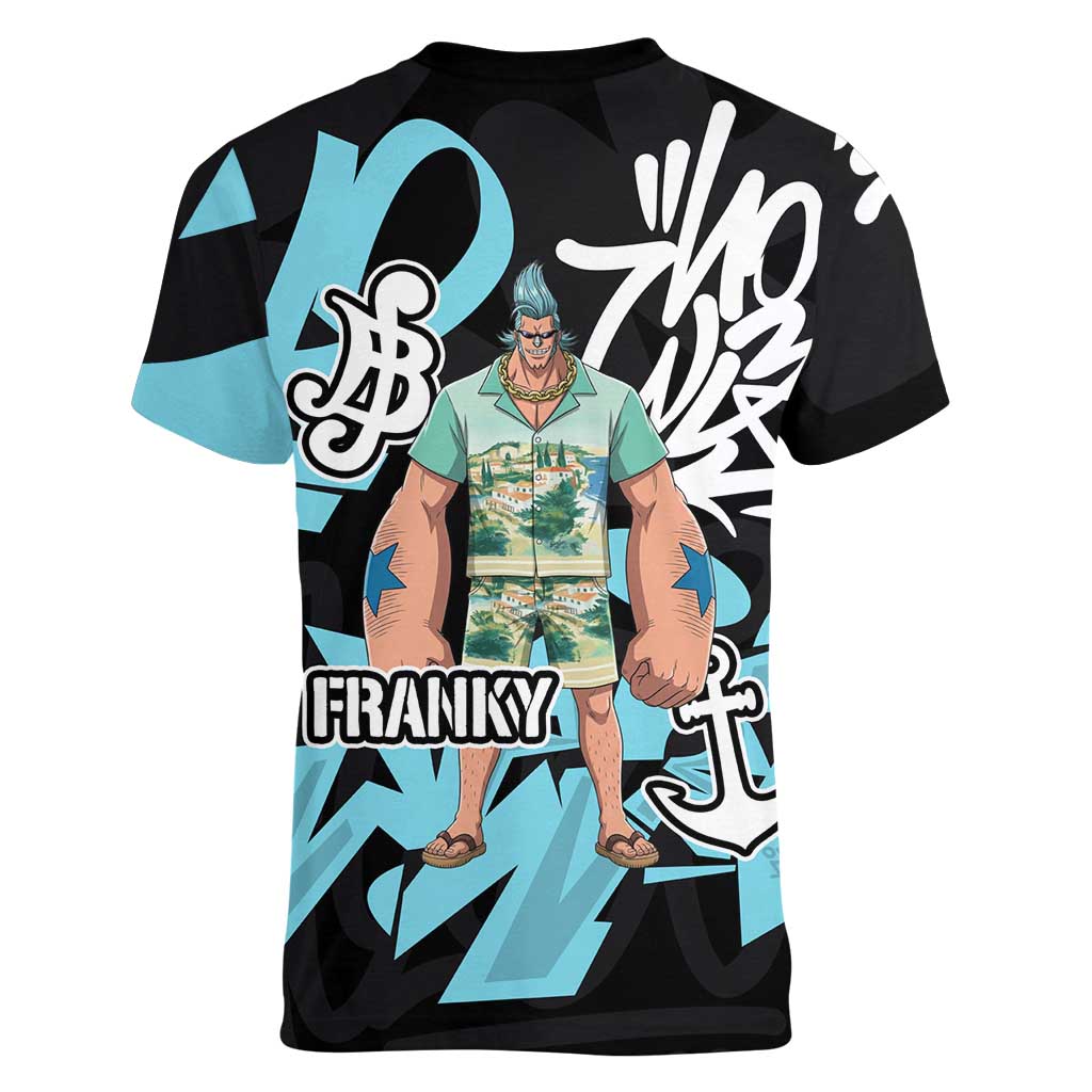 Franky One Piece Women V-Neck T-Shirt Graffiti Street Art Anime Collage