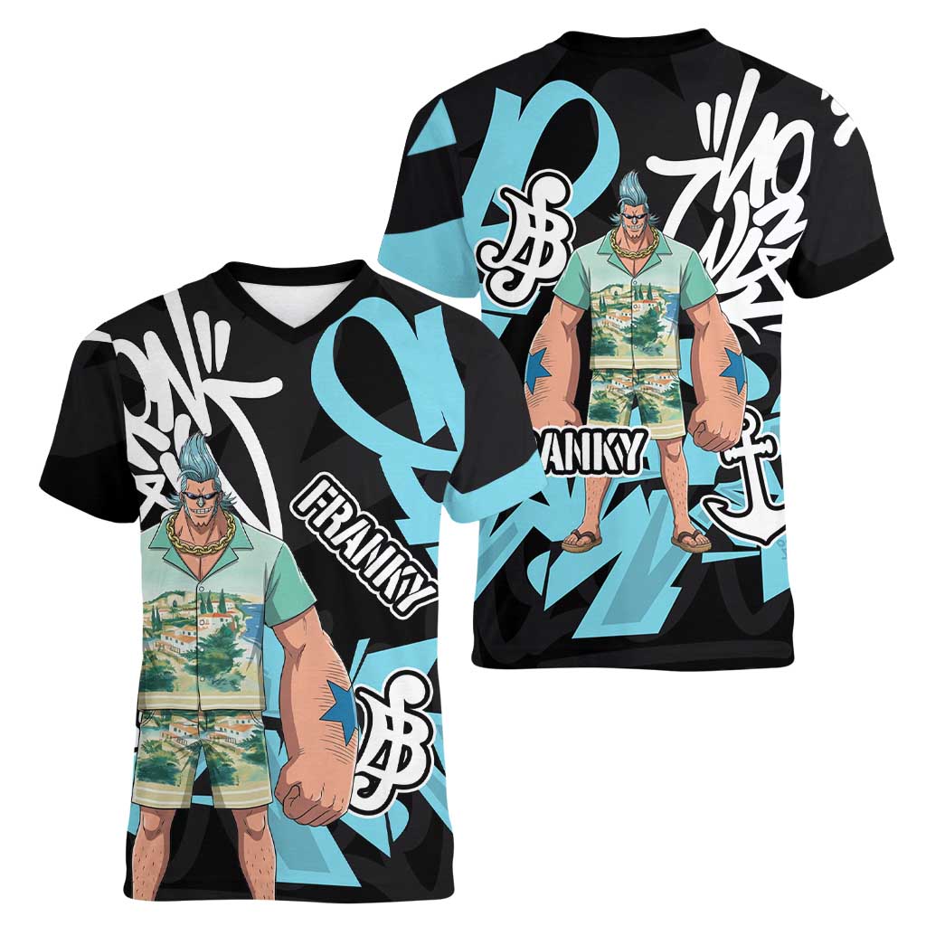 Franky One Piece Women V-Neck T-Shirt Graffiti Street Art Anime Collage