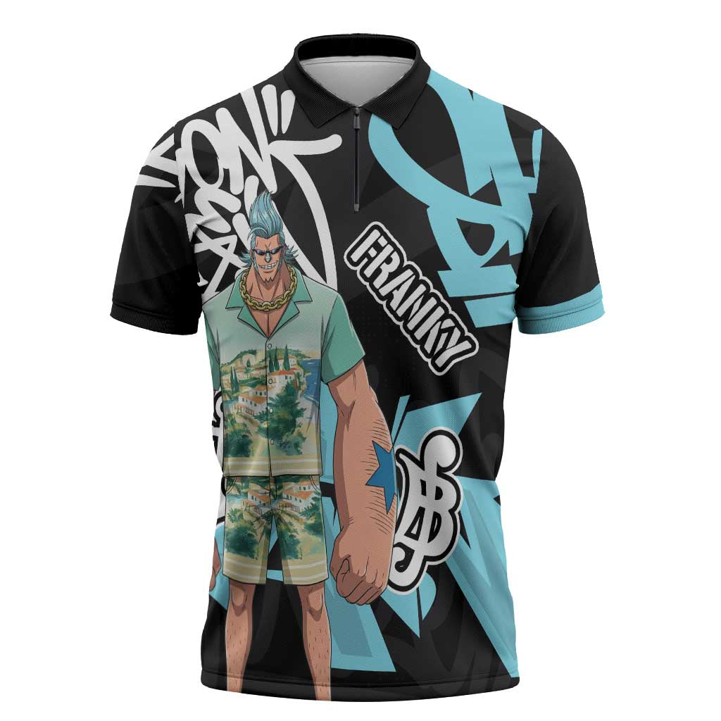 Franky One Piece Zipper Polo Shirt Graffiti Street Art Anime Collage