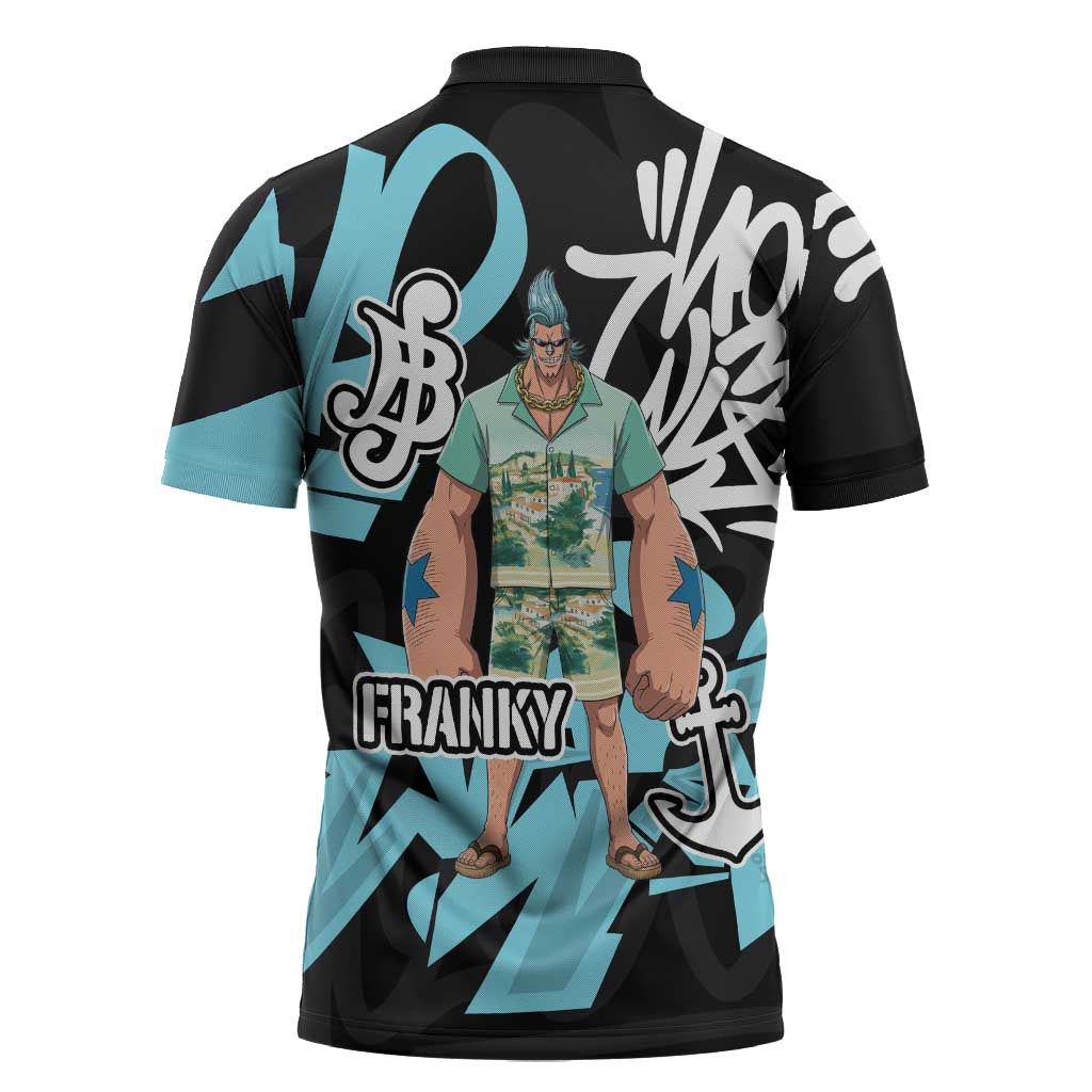 Franky One Piece Zipper Polo Shirt Graffiti Street Art Anime Collage