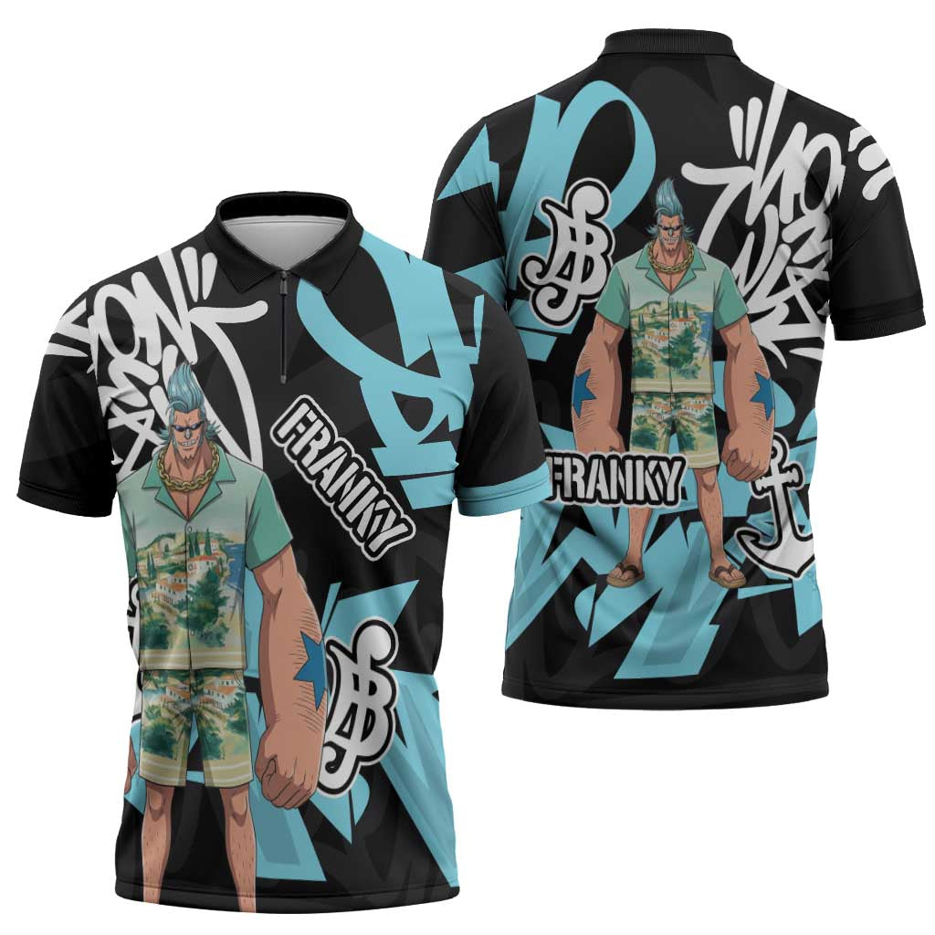 Franky One Piece Zipper Polo Shirt Graffiti Street Art Anime Collage