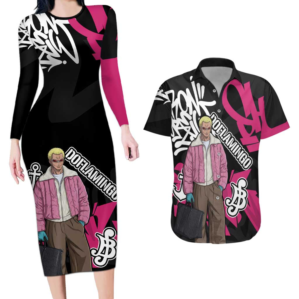 Donquixote Doflamingo One Piece Couples Matching Long Sleeve Bodycon Dress and Hawaiian Shirt Graffiti Street Art Anime Collage