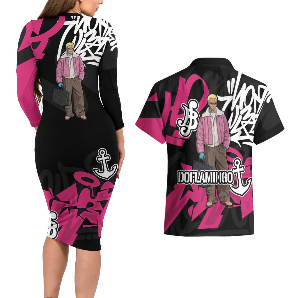 Donquixote Doflamingo One Piece Couples Matching Long Sleeve Bodycon Dress and Hawaiian Shirt Graffiti Street Art Anime Collage