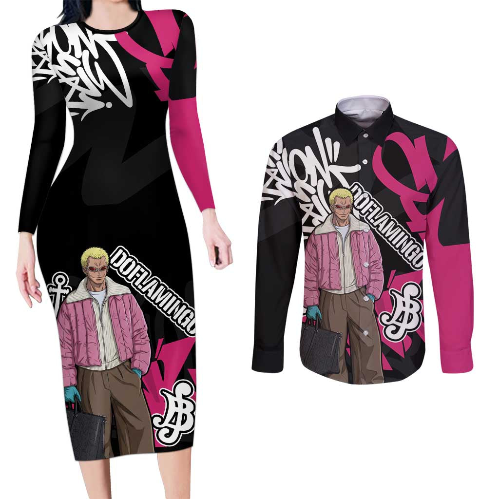 Donquixote Doflamingo One Piece Couples Matching Long Sleeve Bodycon Dress and Long Sleeve Button Shirt Graffiti Street Art Anime Collage