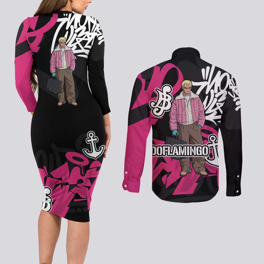Donquixote Doflamingo One Piece Couples Matching Long Sleeve Bodycon Dress and Long Sleeve Button Shirt Graffiti Street Art Anime Collage